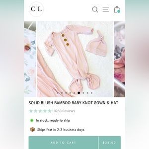 Caden Lane solid blush baby knot gown, hat, & bow headband